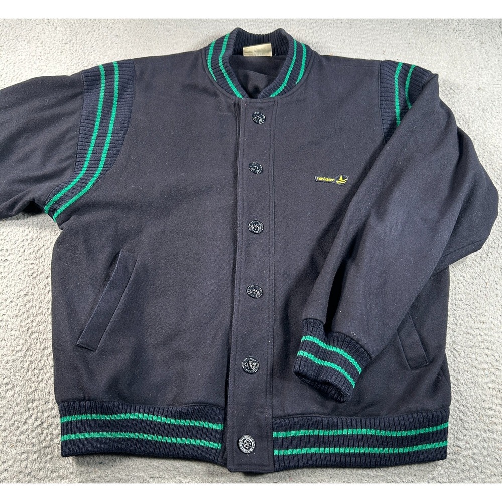 Navigare Jacket Mens Large Black Wool Varsity Ribbed Classic Preppy‎ Academia